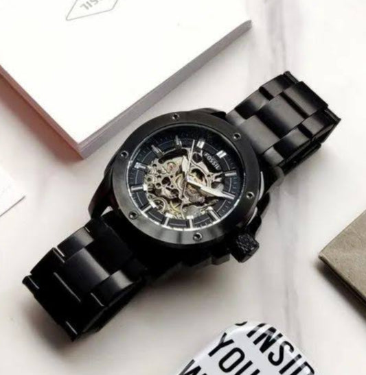 Fossil-Inspired Black Skeleton Mechanical Watch – Stainless Steel Band