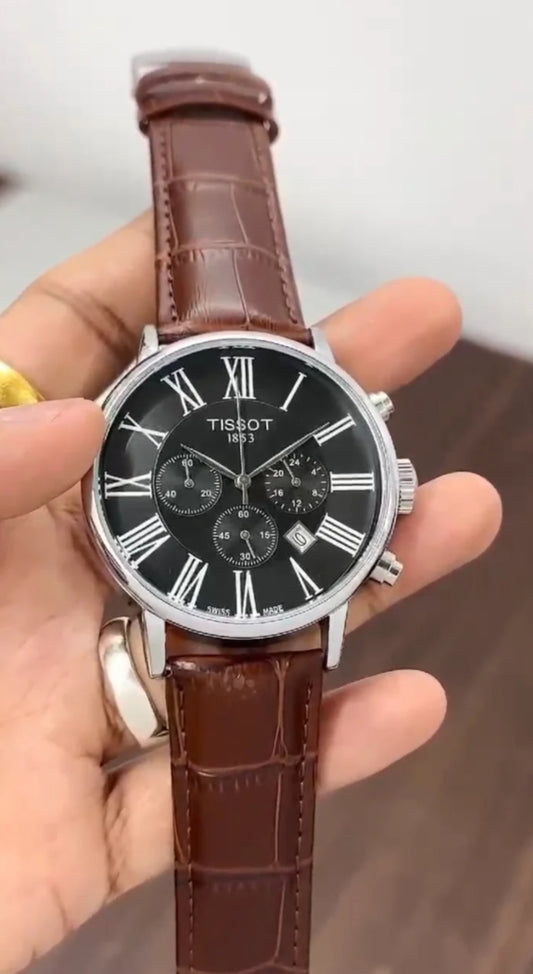 Tissot 1853-Inspired Chronograph Watch – Classic Black Dial with Brown Leather Strap